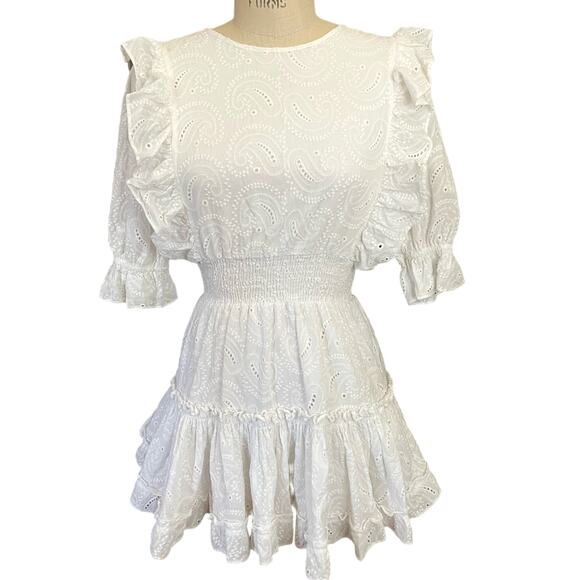 MISA Los Angeles Doutzen White Paisley Eyelet Lace Mini Dress Size Small - Picture 2 of 10